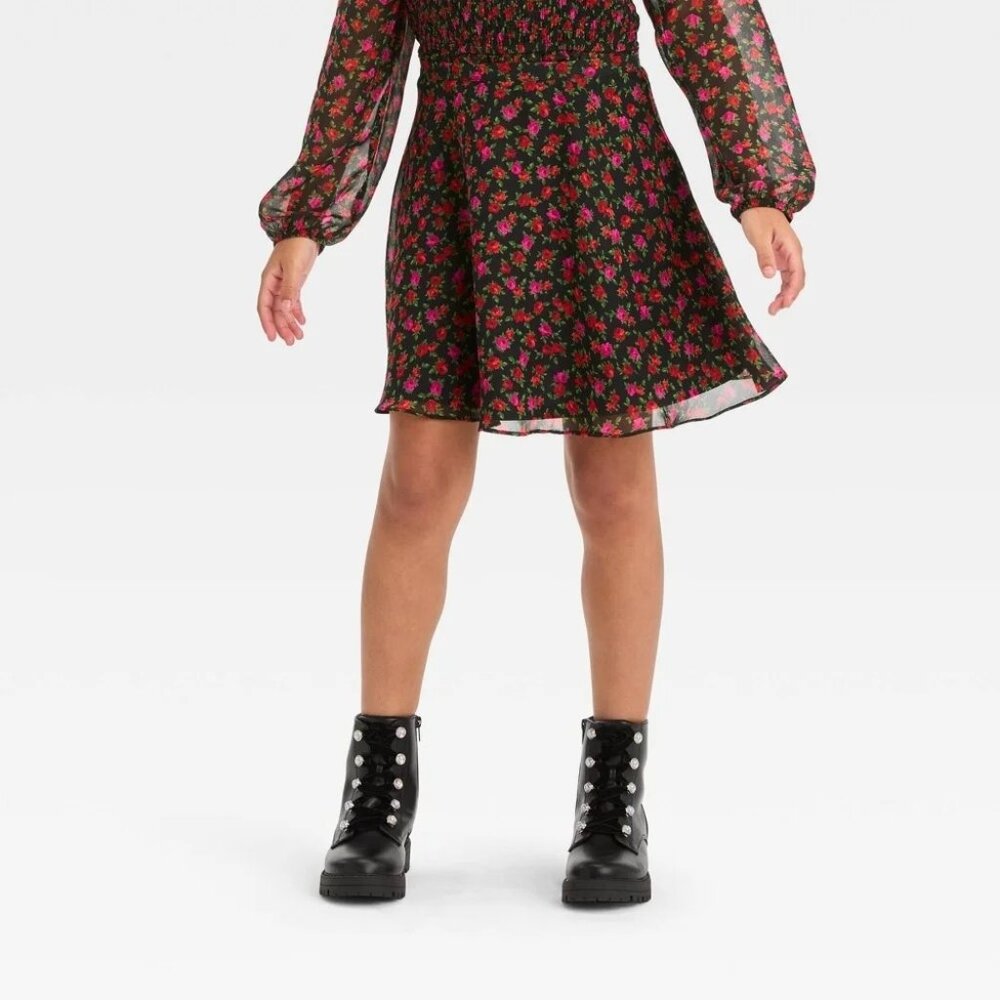 Art Class Chiffon Mini Skirt - Black Floral Pink/Red Roses size S 6-7